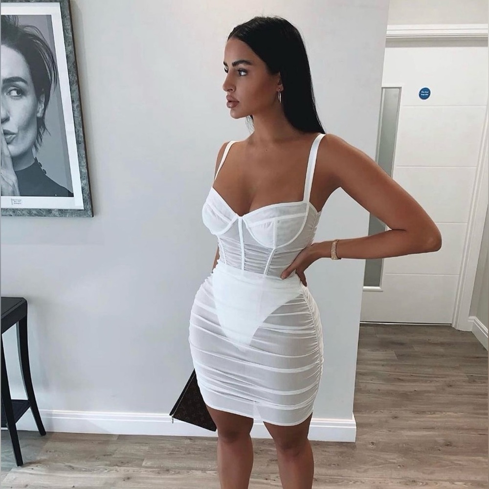 Oh Polly Sheer Mesh Mini Dress (White)